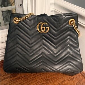 Gucci Black Chevron Shoulder Bag with Gold Chain